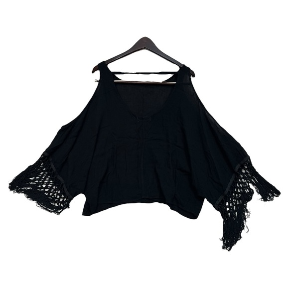 Anthropologie Monteau Los Angeles Black Boho Tassle Sleeve Blouse - Size Large - Picture 5 of 6
